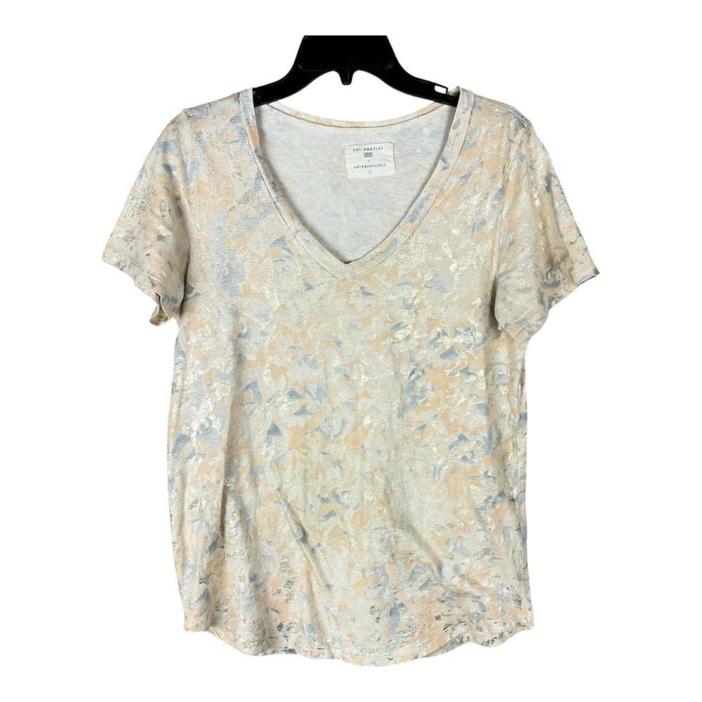 Anthropologie Sol‎ Angeles Top Metallic Floral Tee V-Neck Short Sleeve Sz Small